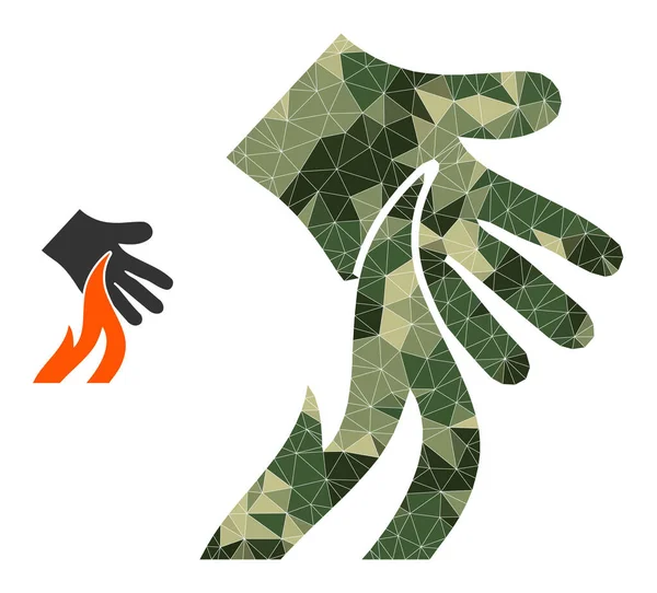 Ícone de mão de queimadura de mosaico de baixa poli em cores militares Camo —  Vetores de Stock