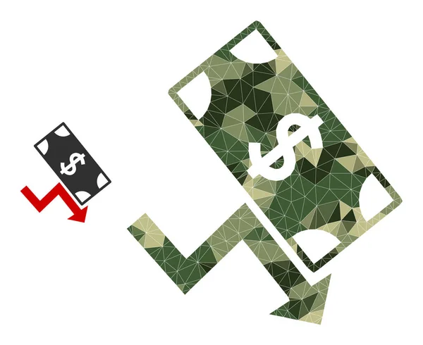 Low-Poly Mozaïek Dollar Down Trend Ikoon in camouflage leger kleur tinten — Stockvector