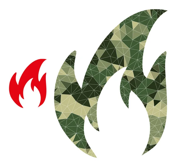 Icona di fuoco mosaico Lowpoly in tonalità di colore militare Camo — Vettoriale Stock