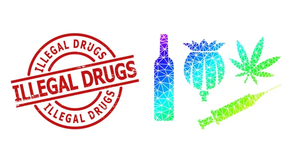 Grunge drogues illégales timbre sceau et toxicomanie à faible spectre Icône de drogues avec gradient — Image vectorielle