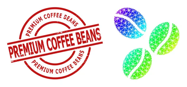 Distress Premium Kaffeebohnen Briefmarken-Imitat und dreieckig gefüllte spektralfarbige Kaffeebohnen-Ikone mit Farbverlauf — Stockvektor