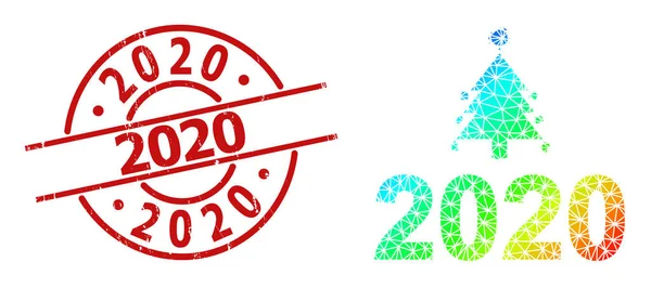 Scratched 2020 estampado de sello y Lowpoly arco iris Covid 2020 icono de año nuevo con gradiente — Archivo Imágenes Vectoriales