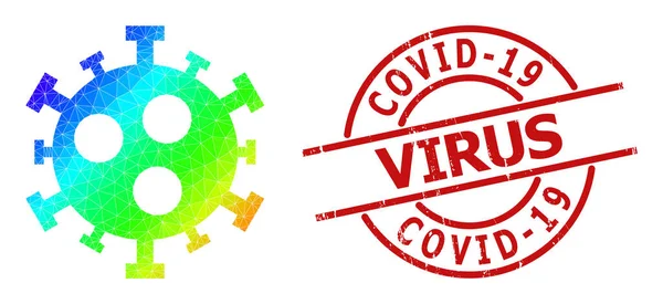 Texturovaná Covid-19 virová pečeť a trojúhelníková spektrální barevná Covid-2019 virová ikona s gradientem — Stockový vektor