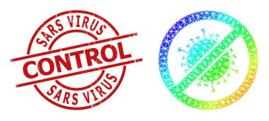 Grunge Sars Virüs Kontrol Rozeti ve Lowpoly Hayalet Renkli Koronavirüs Simgesi Gradyan