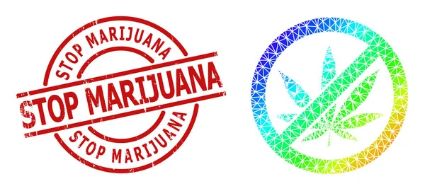 Distress Stop Marihuana Badge und Lowpoly Spectral Farbige verbotene Cannabis-Ikone mit Farbverlauf — Stockvektor