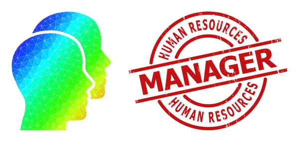 Scratched Human Resources Manager Stamp Print and Polygonal Spectrum Man Heads Icon with Gradient — Stock Vector