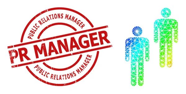 Grunge Public Relations Manager Pr Manager Stamp and Polygonal Rainbow People Icon with Gradient — Stock Vector
