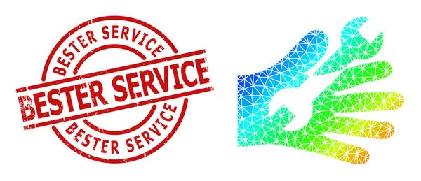 Distress Bester Service Stamp Imitatie en Lowpoly Spectrale Gekleurde Wrench Service Hand Ikoon met Gradient — Stockvector
