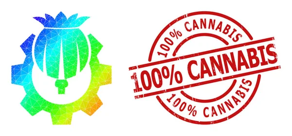 Distress 100 Prozent Cannabis-Stempel-Imitat und Lowpoly Spectrum Opium Industry Icon mit Gradient — Stockvektor
