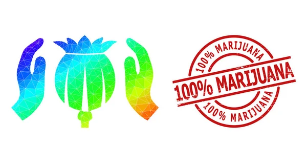 Grunge 100% Marijuana Σφραγίδα και πολυγωνικό Rainbow Poppy Care χέρια εικονίδιο με διαβαθμίσεις — Διανυσματικό Αρχείο