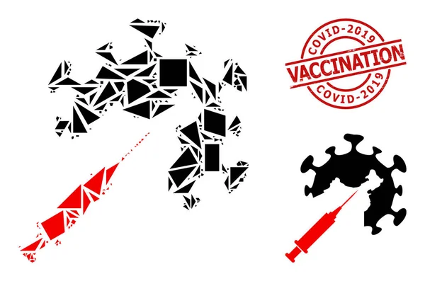 Injeção Geométrica de Vacina contra Coronavírus Ícone Mosaico e Grunge Covid-2019 Selo de Carimbo de Vacinação —  Vetores de Stock