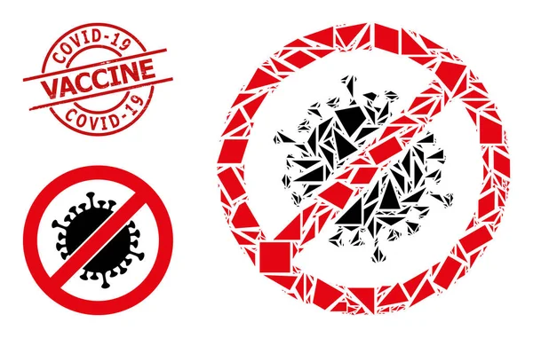 Geometric Stop Coronavirus Icon Mosaic and Grunge Covid-19 Vaccine Badge — Stock vektor