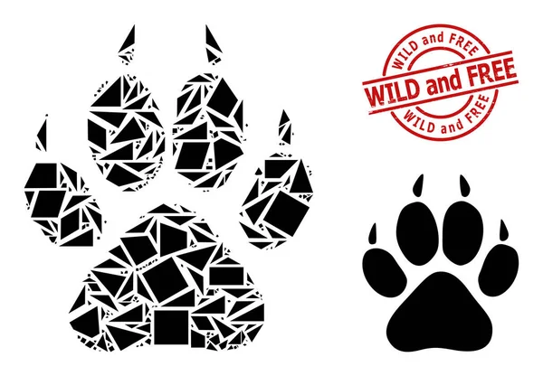 Geometric Tiger Footprint Icon Mosaic and Distress Wild and Free Stamp Seal — Vettoriale Stock