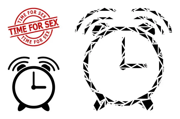 Geometric Alarm Clock Icon Mosaic and Distress Time for Sex Stamp — Vetor de Stock