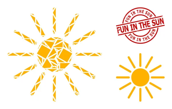 Geometric Sun Icon Mosaic and Grunge Fun in the Sun Stamp Imitation — Stock Vector