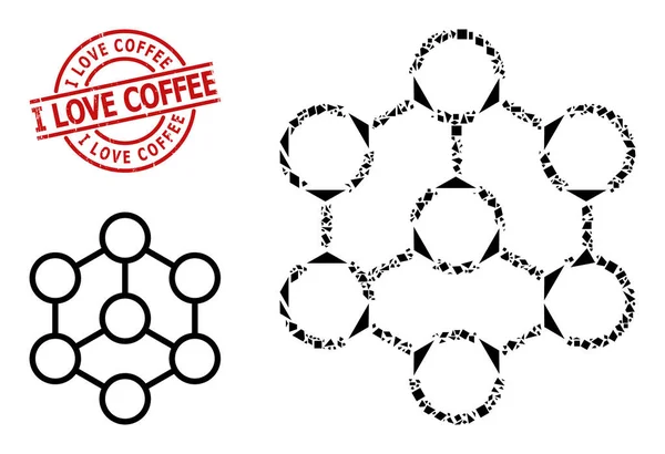 Geometric Blockchain Icon Mosaic and Textured I Love Coffee Seal — Stockvektor