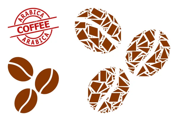 Φασόλια καφέ γεωμετρικά Ψηφιδωτό και Grunge Arabica Coffee Stamp — Διανυσματικό Αρχείο