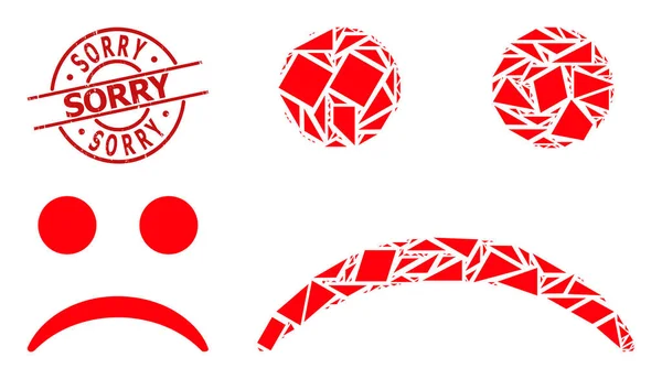 Geometric Sad Smiley Icon Mosaic and Textured Sorry Badge — стоковый вектор