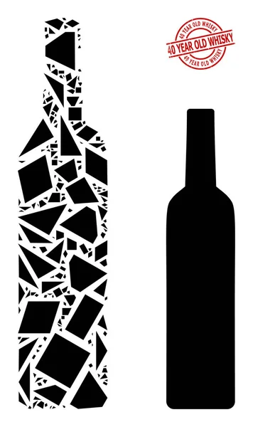 Geometrické víno láhev ikona mozaika a texturované 40 let staré Whisky razítko pečeť — Stockový vektor
