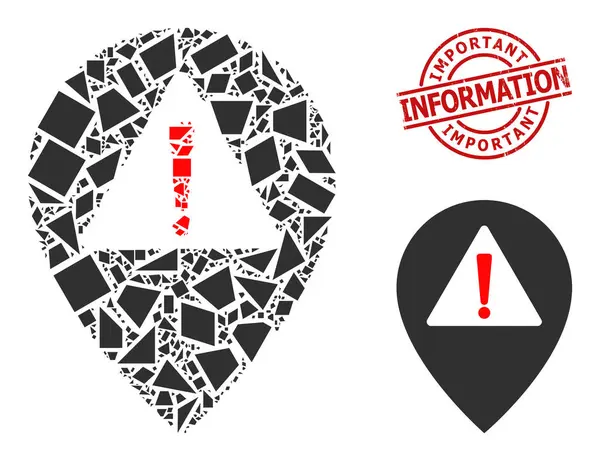 Carte d'avertissement géométrique Pointeur Icône Mosaïque et Grunge Information importante Timbre — Image vectorielle