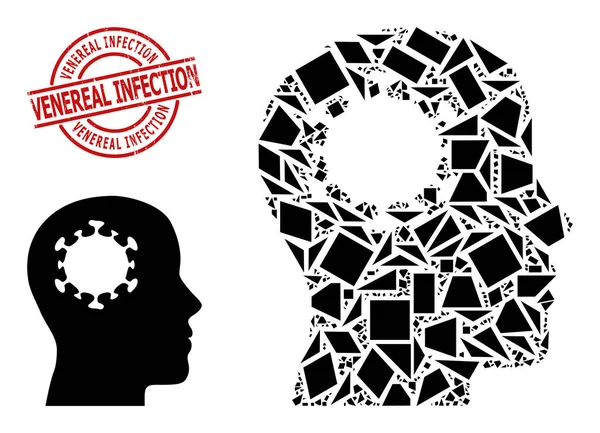 Geometric Brain Infection Icon Mosaic and Scratched Venereal Infection Stamp Print —  Vetores de Stock