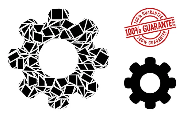 Icono de rueda de engranaje geométrico Mosaico y angustia 100 por ciento de garantía Sello de impresión — Archivo Imágenes Vectoriales
