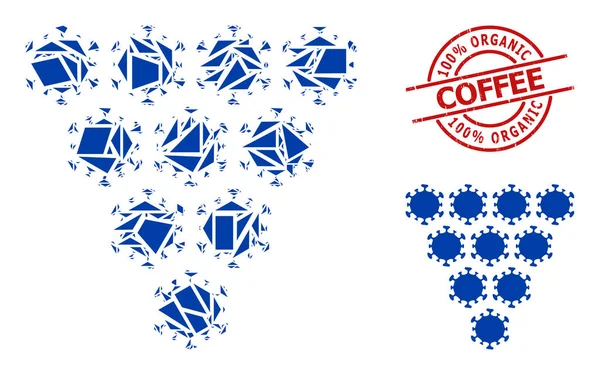 Geometric Virus Grapes Icon Mosaic and Scratched 100 percent Organic Coffee Stamp Print — Stockvektor