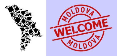 Moldova 'nın Yuvarlak Tehlike Hoş Gelme Rozetli Basit Geometrik Mozaik Haritası