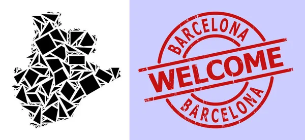 Simple Geometric Mosaic Map of Barcelona Province with Round Distress Welcome Badge — Vetor de Stock