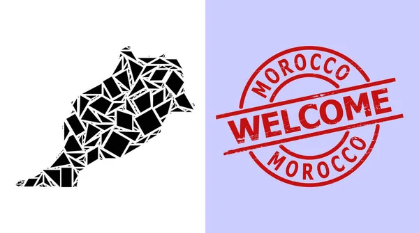 Simple Geometric Mosaic Map of Morocco with Round Textured Welcome Stamp Seal — Vector de stock