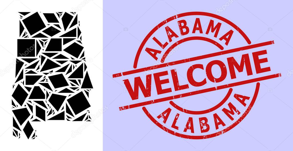 Simple Geometric Mosaic Map of Alabama State with Round Textured Welcome Stamp Imitation
