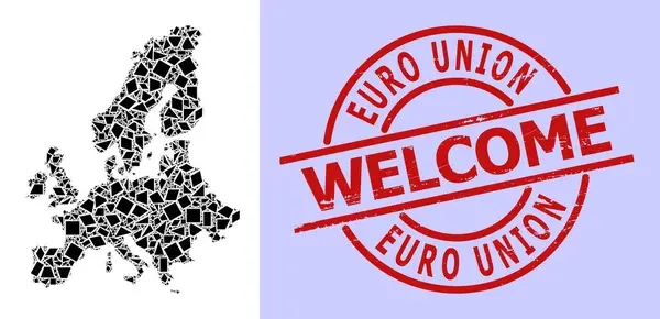 Simple Geometric Mosaic Map of Euro Union with Round Scratched Welcome Stamp Imitation — Image vectorielle