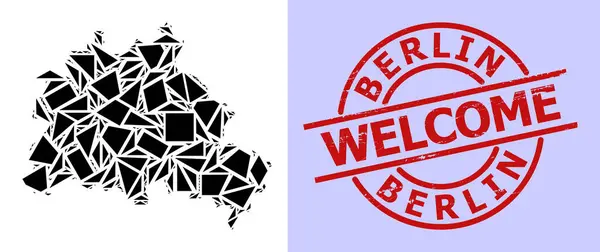 Simple Geometric Mosaic Map of Berlin City with Round Textured Welcome Badge — Stockvektor
