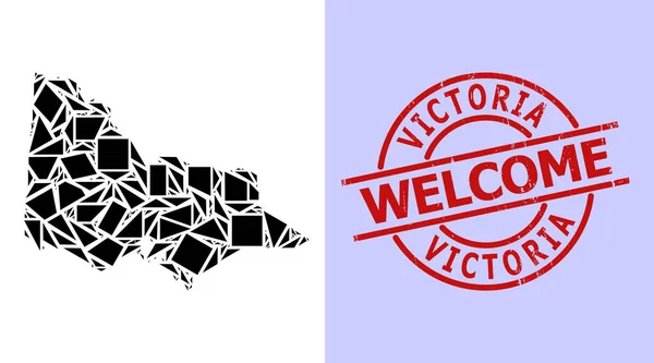 Simple Geometric Mosaic Map of Australian Victoria with Round Scratched Welcome Stamp — Image vectorielle