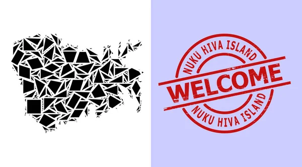 Simple Geometric Mosaic Map of Nuku Hiva Island with Round Distress Welcome Stamp — Image vectorielle