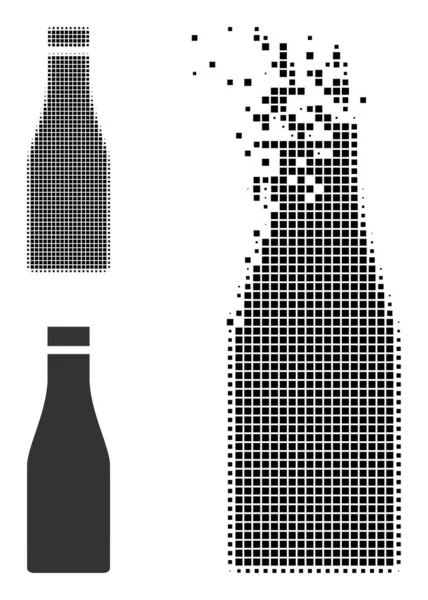 Icono de botella de cerveza fragmentada pixelada y original — Vector de stock