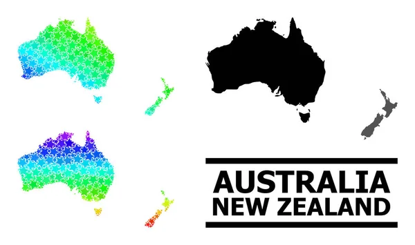 Spectral Colored Gradient Stars Ψηφιδωτός Χάρτης Αυστραλίας και Νέας Ζηλανδίας Collage — Διανυσματικό Αρχείο