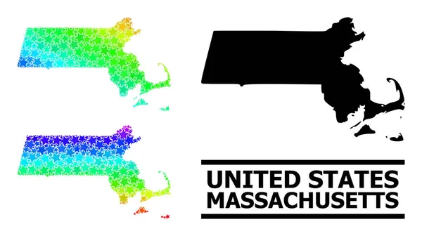 Spectraal gekleurde gradiënt Sterren Mozaïek Kaart van Massachusetts State Collage — Stockvector