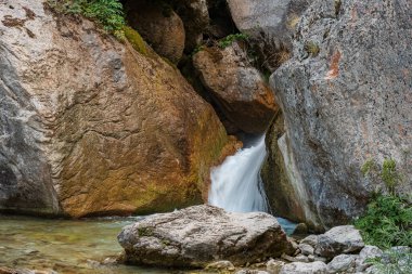 Montefortino, Marche, Italy. Ambro River. Waterfalls of the Sanctuary of the Madonna dell'Ambro