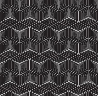 Yuvalanmış küplerin dış hatlarının 3 boyutlu izometrik görüntüsü. Kusursuz desen. Vektör illüstrasyonu