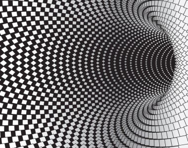 Tünel ya da solucan deliği. Dijital telgraf tüneli. Üç boyutlu tünel ızgarası. Arkaplan soyut vektör resmi