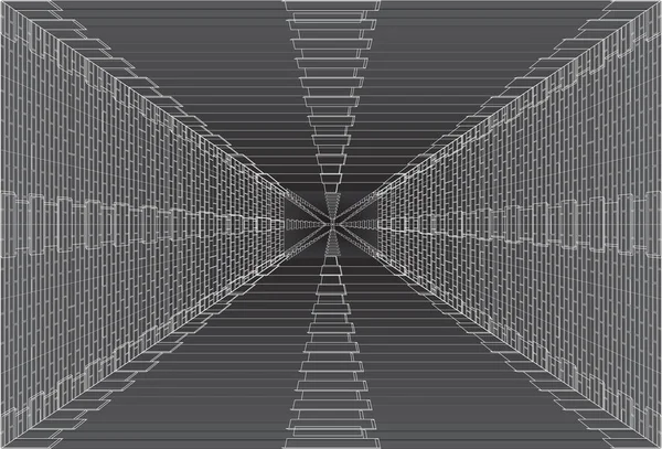 トンネルは灰色のタイルで並んでいます デジタルワイヤーフレームトンネル 3D廊下だ 背景抽象ベクトル画像 — ストックベクタ