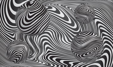 Dalgalı Çizgili Vektör Deseni veya Doku. Çizgili Arkaplanda Çizgili Küreler