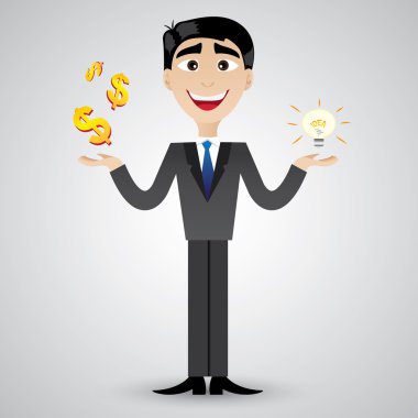 fikir ampul ve para tutan karikatür işadamı