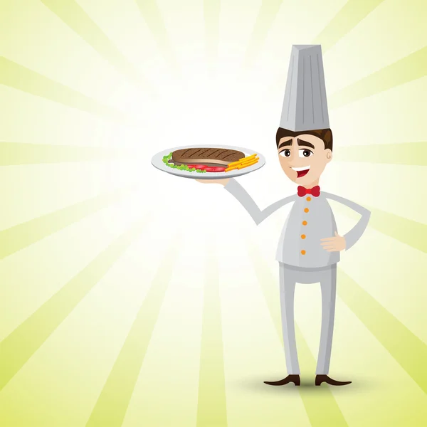Γελοιογραφία σεφ με πιάτο μπριζόλα — Διανυσματικό Αρχείο