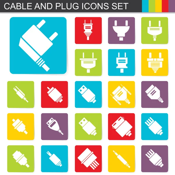 Falt cable de diseño y conjunto de iconos de enchufe — Vector de stock