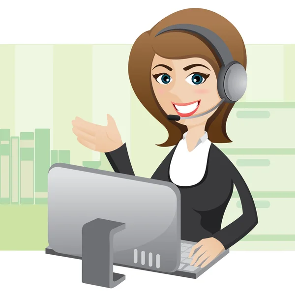 Cartoon meisje callcenter met computer — Stockvector