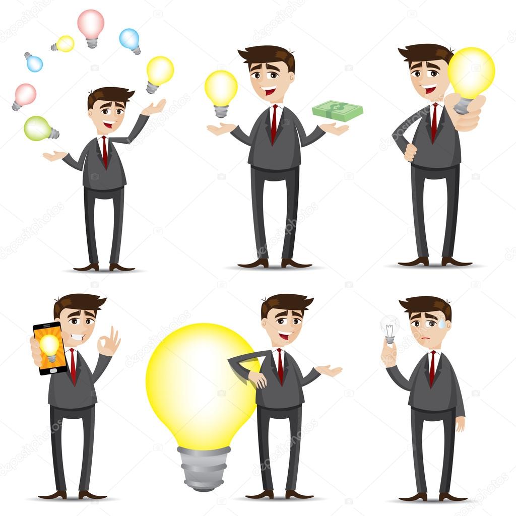 cartoon businessman with idea bulb set