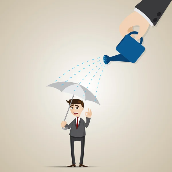 Homem de negócios dos desenhos animados com guarda-chuva sob chuva — Vetor de Stock