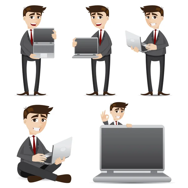 Cartoon zakenman met computer laptop set. — Stockvector